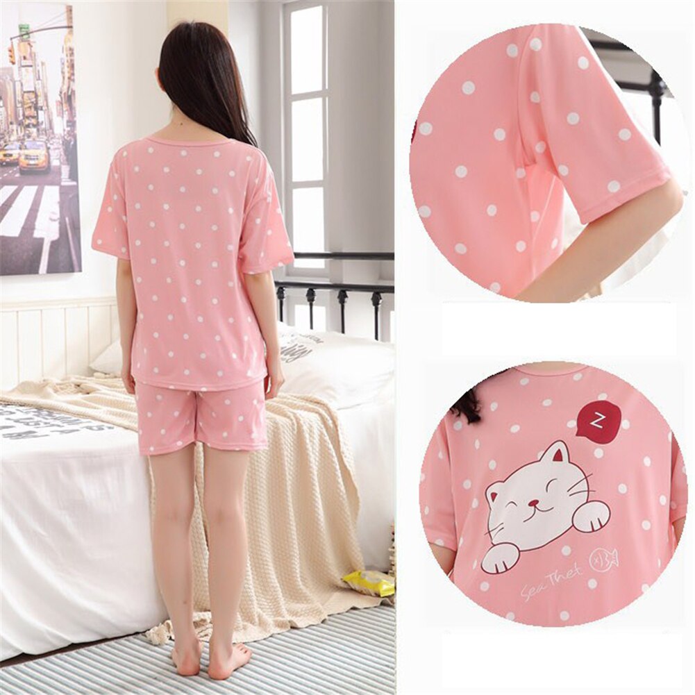 Summer Women Pajamas Set Summer Sleep Wear Set Cute Short Sleeve Pajamas Suit Shorts Nightwear Cotton Sleeping Cat Pink 2XL