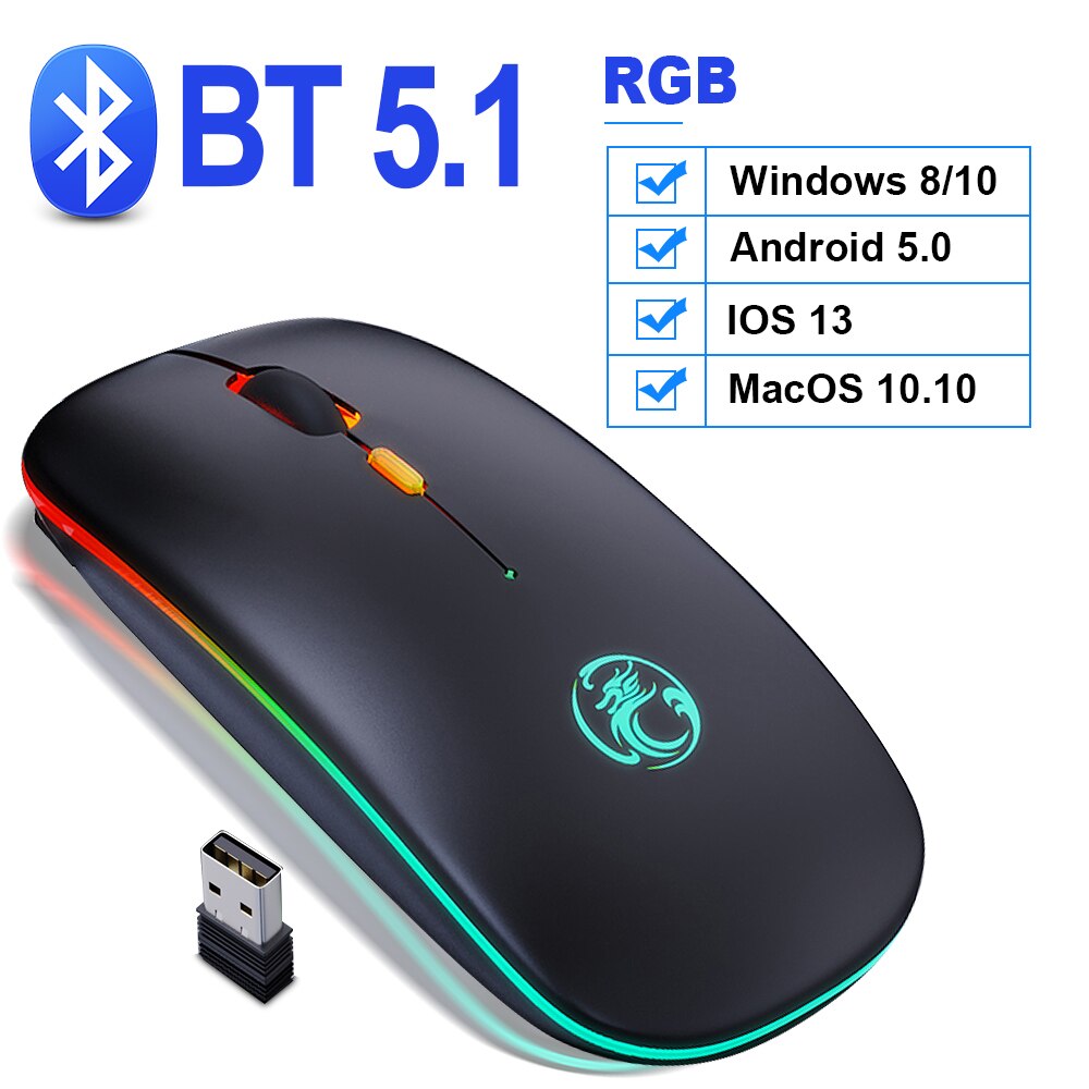 Mouse Wireless Mouse Computer Mouse Bluetooth 5.1 USB 2.4 Rechargeable Mause Silent Mause for Laptop RGB Ergonomic Mice Wireless: BT5.1 RGB Black