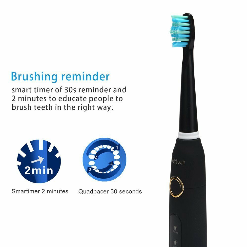 Fairywill-cepillo de dientes eléctrico sónico para adulto, recargable por USB, FW-507, resistente al agua, cabezales de repuesto