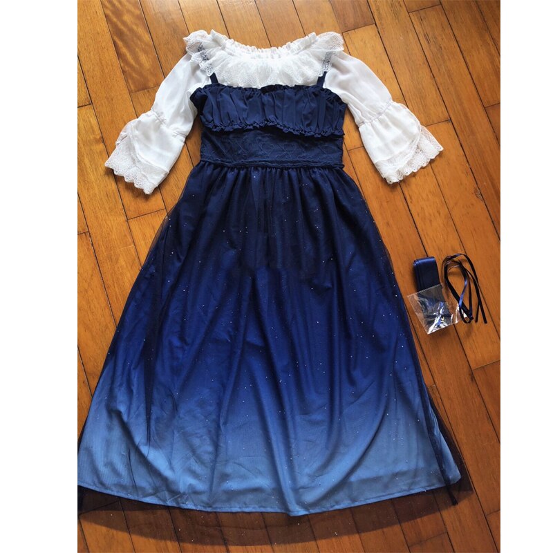 Lolita robe robe japonaise Kawaii femmes ciel étoilé dégradé bleu jarretelle en mousseline de soie robe de fée fille printemps doux Lolita SL2927
