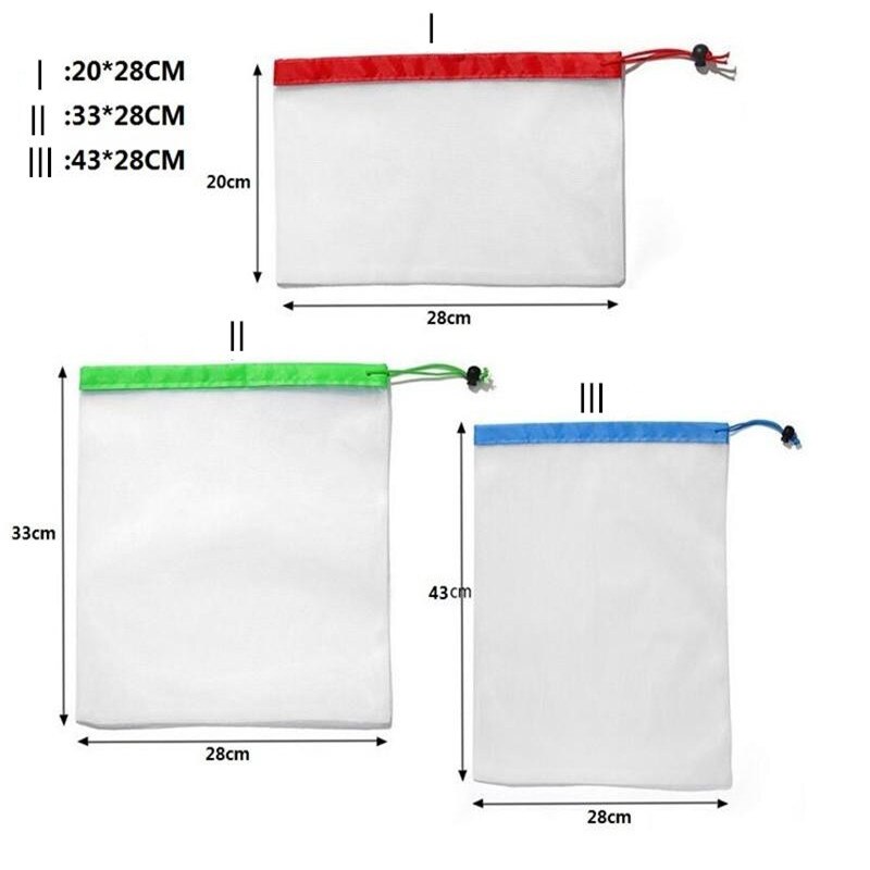 Herbruikbare mesh-productentassen, eco-superieure dubbel gestikte stoffen trekkoord mesh-tas voor het winkelen voor fruit, groenten en reizen