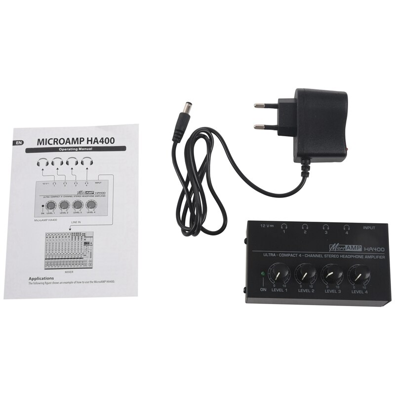 2X Eu Plug,Ha400 Ultra-Compact 4 Kanalen Mini Audio Stereo Hoofdtelefoon Versterker Met Power Adapter Black