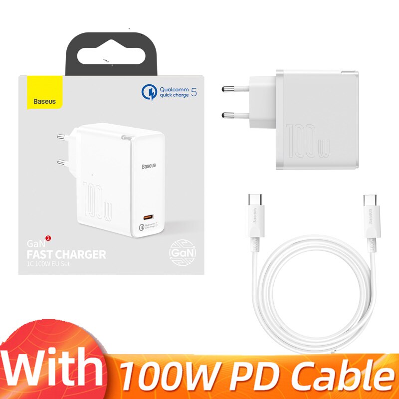 Caricabatterie Baseus GaN 100W PD QC 4.0 3.0 caricatore rapido USB tipo C caricabatterie rapido USB C per iPhone 12 Pro Max Macbook: White EU Plug-1 port