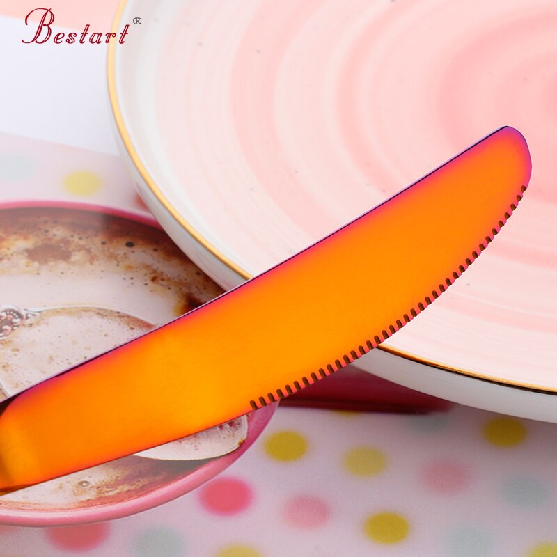 Mærke farvet rød bestik sæt service 18/10 rustfrit stål bøf kniv gaffel ske middag western food rainbow bestik sæt 5pc