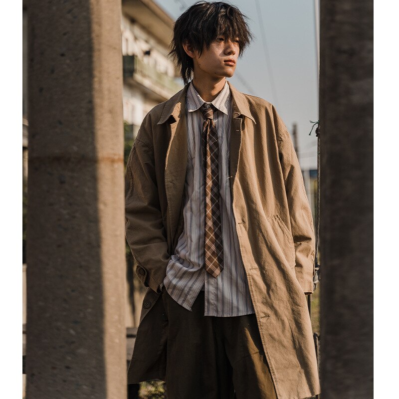 Gabardina básica Retro de estilo japonés Unisex, ropa de trabajo de longitud media, de un solo pecho, por encima de la rodilla, otoño e invierno, 2022: M / Caqui