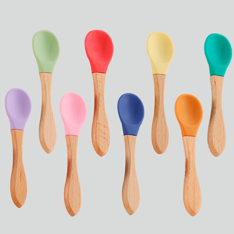 Voeden Houten Handvat Siliconen Lepel Voor Baby Gebruiksvoorwerpen Kids Eet Voedsel Voor Training Manipulatieve Vermogen Baby Servies Lepel