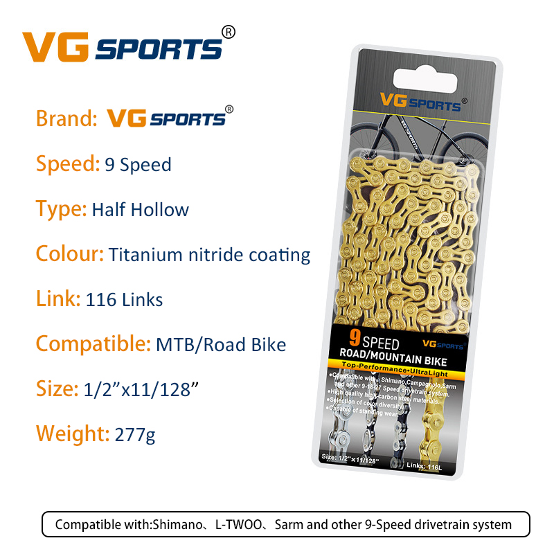 Vg Fietsketting 8 9 10 11 Speed Velocidade Hollow Gold Rainbow 116 Links Weg Mountainbike Kettingen Fiets Accessoires: 9S HH TI-Gold