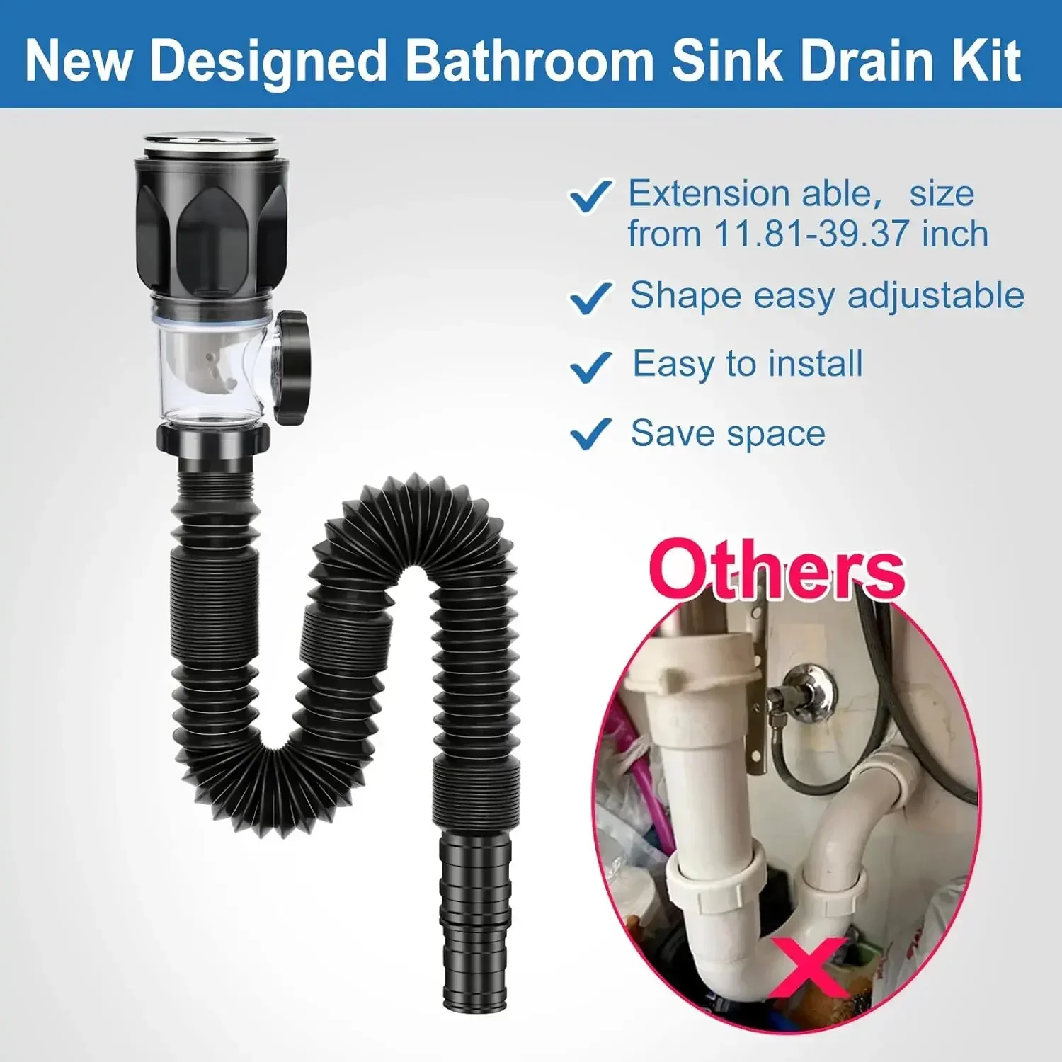 Kitchen Sink Drain Hose Basin Odor Isolation Drain Sink Wash Basin Universal Horizontal and Vertical Drain Pipes Accessories