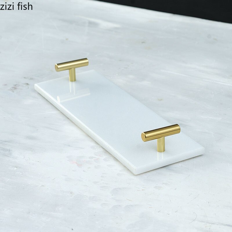 Bandejas de mármol Natural para decoración del hogar, bandeja decorativa con mango dorado, estante para baño, tocador, cosméticos, organizador de joyas