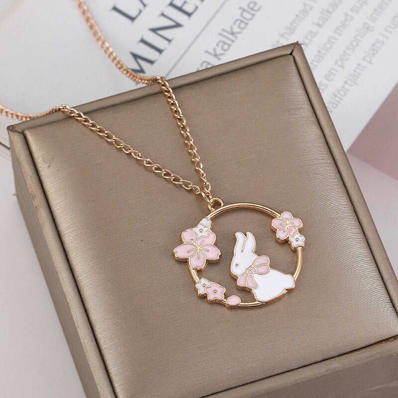 créative Sakura lapin chat collier mignon dessin animé guirlande pendentif dames bijoux accessoires colliers rose
