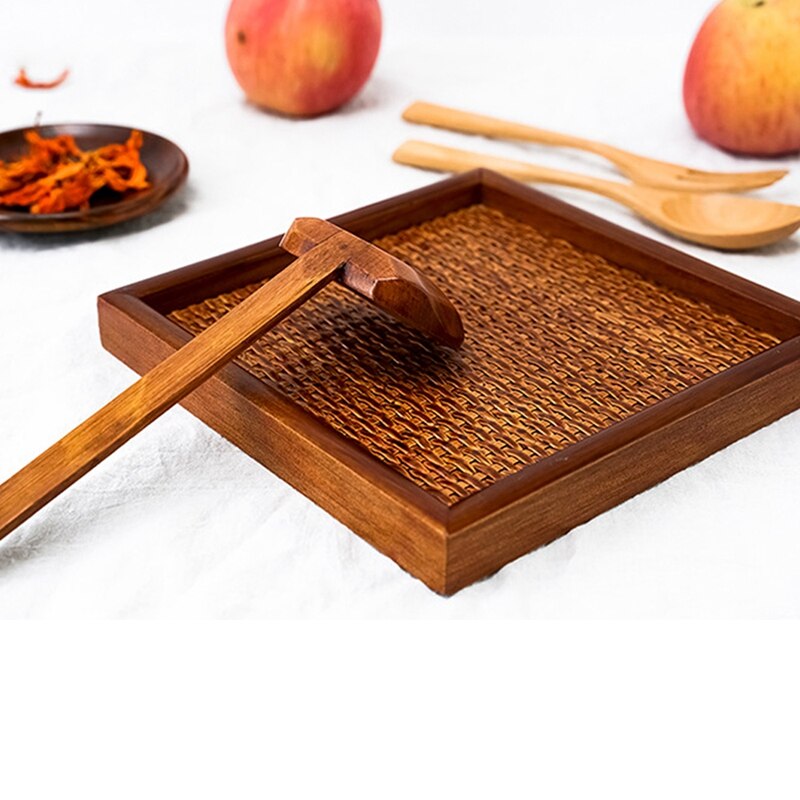 Rattan Dinner Plate Square Serving Tray Beef Steak Fruit Snack Tray Restaurant Food Cutlery Storage Plate