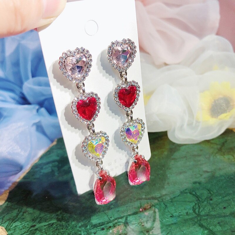 MENGJIQIAO Coreano Caldo di Vendita di Lusso Rosso Cuore di Cristallo Lunga Pendientes Mujer Moda Elegante Variopinto Orecchini A Pendaglio Del Partito Dei Monili