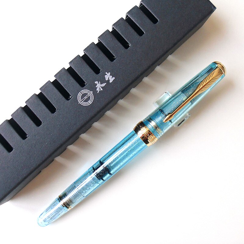 Wing Sung 618 Classic Fountain Pen Piston Transparent Authentic Iridium Fine 0.5mm Outstanding Ink Pen Writing Set: Sky Blue-Golden Clip