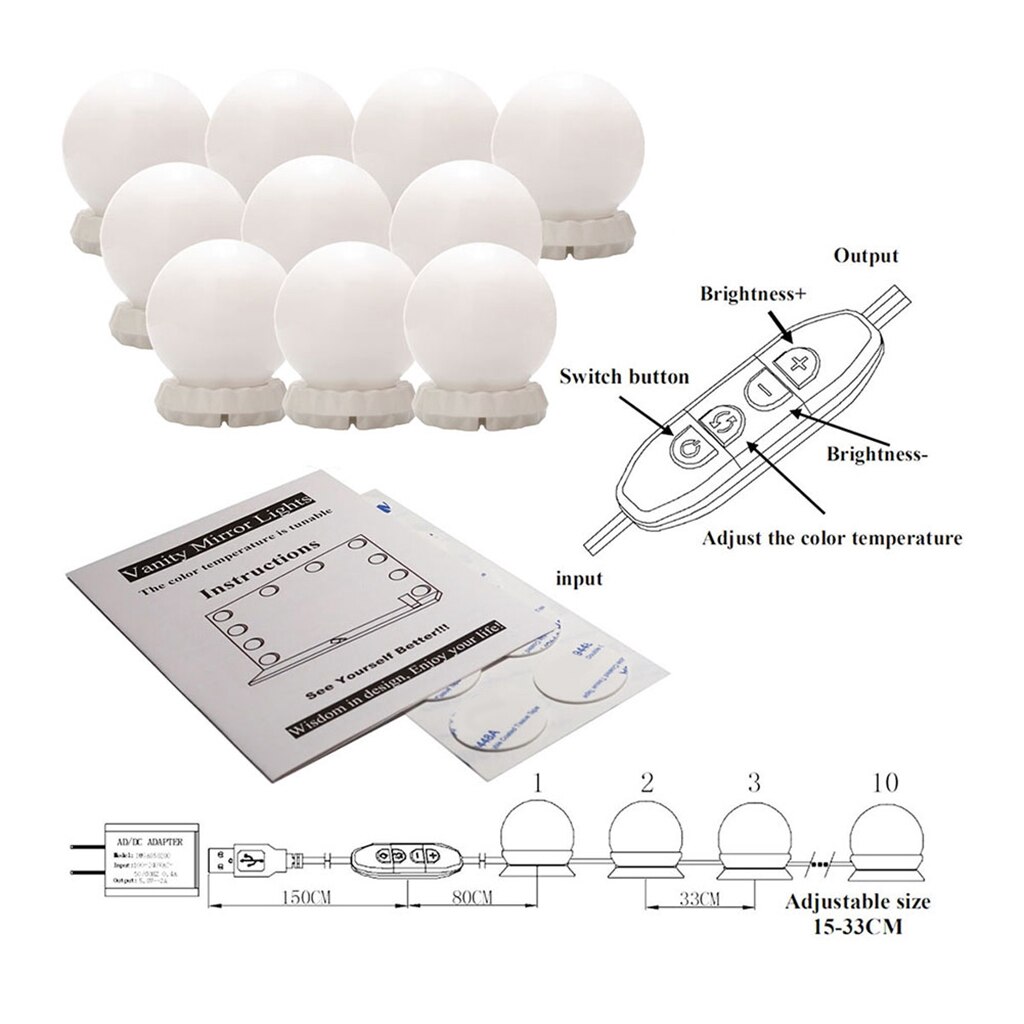 10x Style LED Vanity Lights Dimmable Makeup Fitting Dressing Mirror Lighting Light Bulbs Lamp USB Adapter Kits