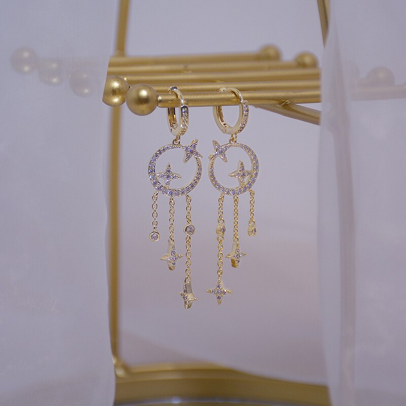 14k Real Gold Long Tassel Fantasy Women Earring AAA CZ Luxury Earring Wedding Engagement Bridal Jewelry Pendant