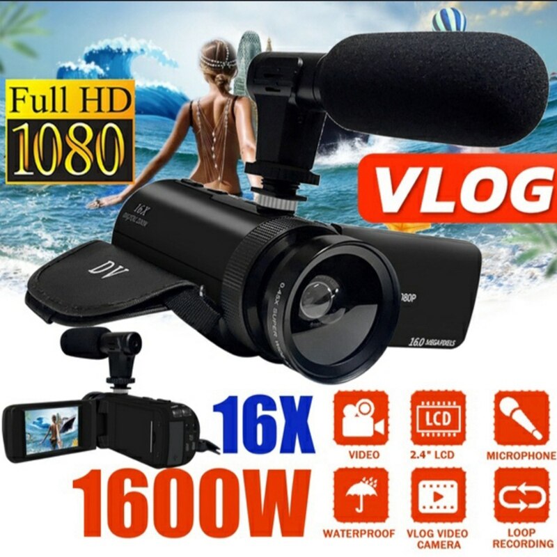 EIRMAI Digital Camera Professional 1080P HD 16MP Handheld Camcorder with Lens & Microphone