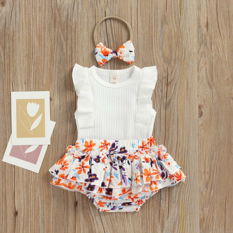 Baby Meisje Zomer Rompertjes Set Peuter Ruches Mouwloze Jumpsuit En Bloemenprint Shorts Hoofdband