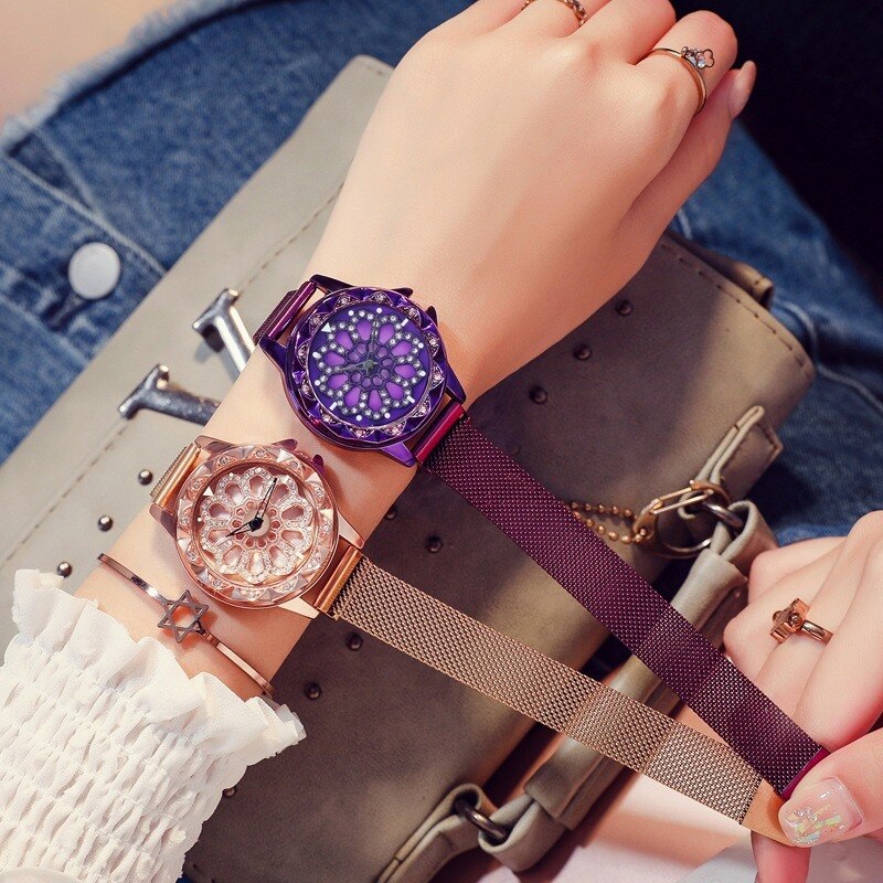 Lucky Women Wrist Watches Rose Gold Rotating Flower Watches relogio feminino Diamond Magnetic Quartz Clock