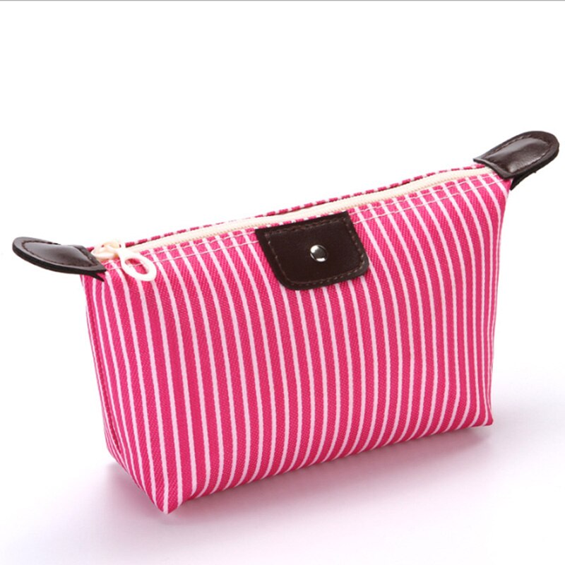 Foldable Stripes Women Travel Toiletry Make Up Cosmetic pouch bag Clutch Handbag Purses Case Makeup Bag Organizer: rose red