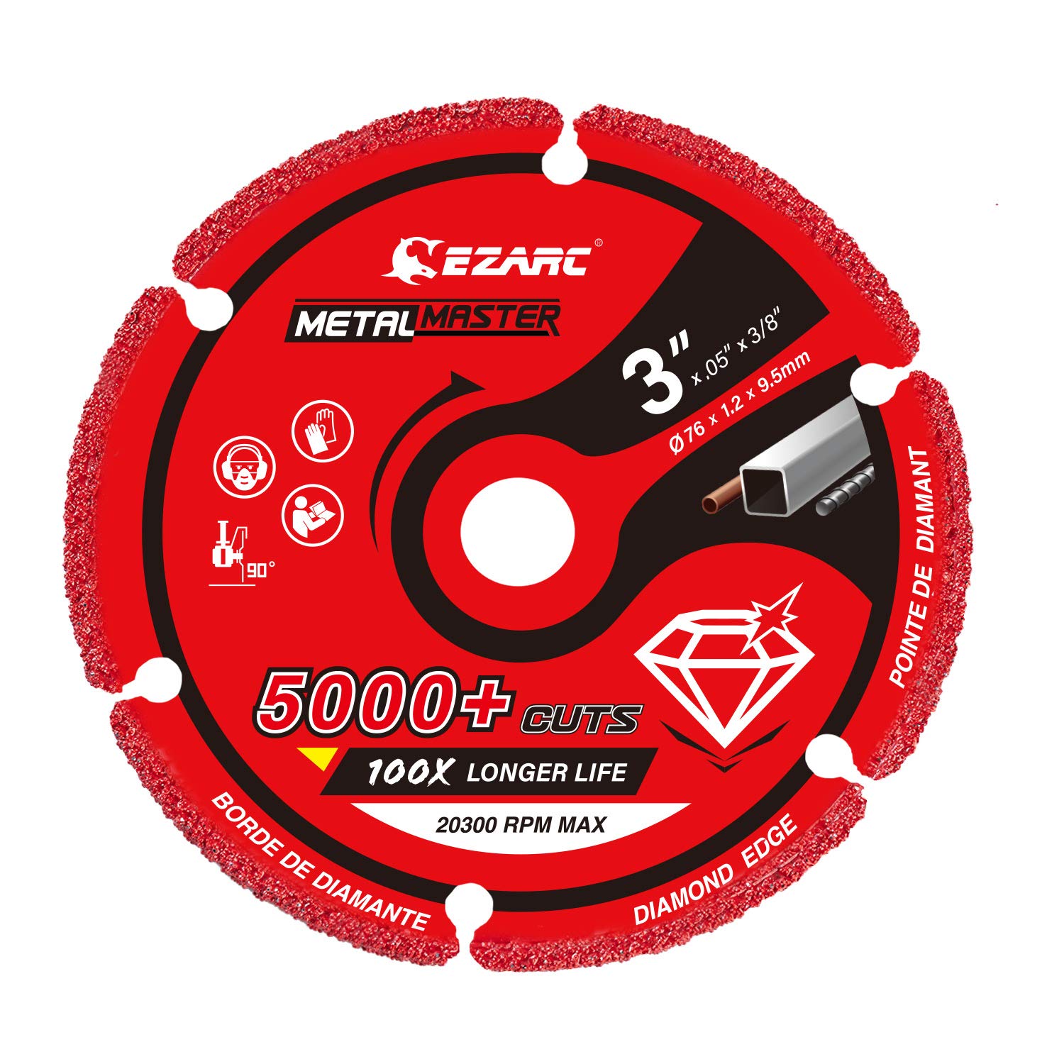 EZARC Rueda de corte de diamante de 3 x 3/8 pulgadas y 4-1/2 x 7/8 pulgadas para metal, rueda de corte con más de 5000 cortes en barras de refuerzo, acero, hierro y INOX: Rojo