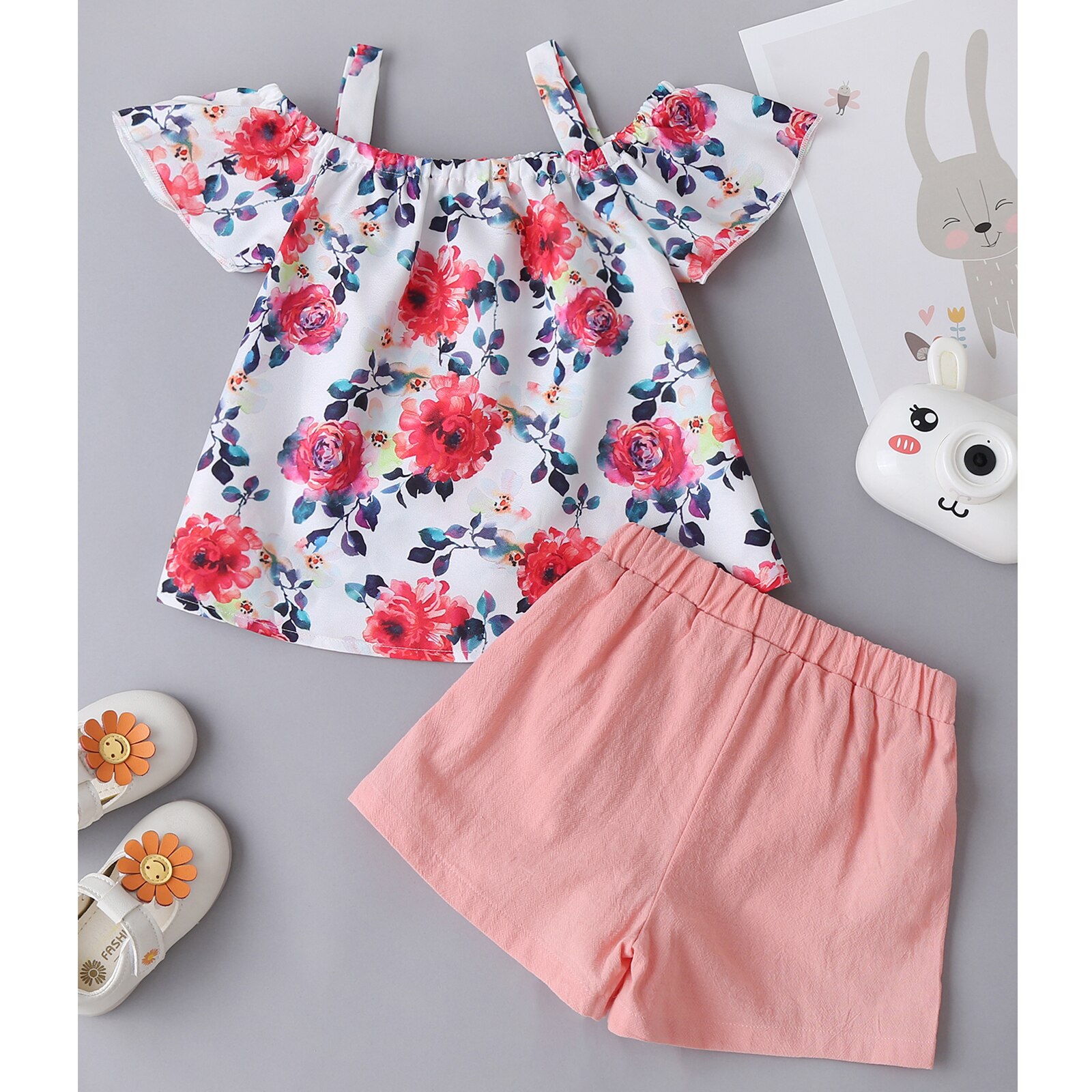 Zomer Kleur Afdrukken Meisje Korte Mouwen En Shorts Set Mode Bloem Boothals T-shirt En Effen Kleur korte Broek