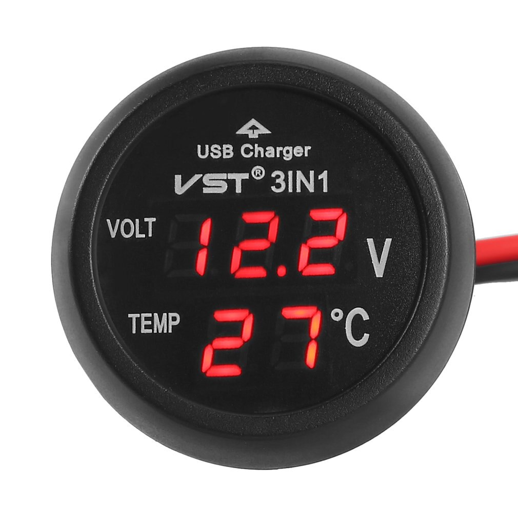 12V/24V Digitale Meter Monitor 3 In 1 Led Usb Car Charger Voltmeter Thermometer Auto Batterij Monitor lcd Digitale Dual Display: Rood