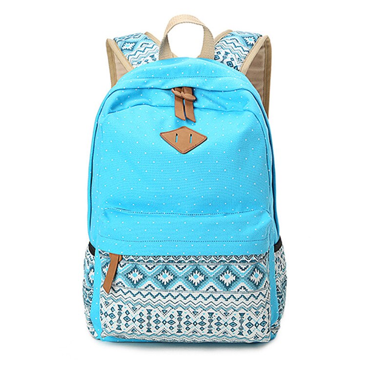 Vintage School Bags for Teenagers Girls Schoolbag Large Capacity Lady Canvas Dot Printing Backpack Rucksack Bagpack Book Bag: Sky Blue