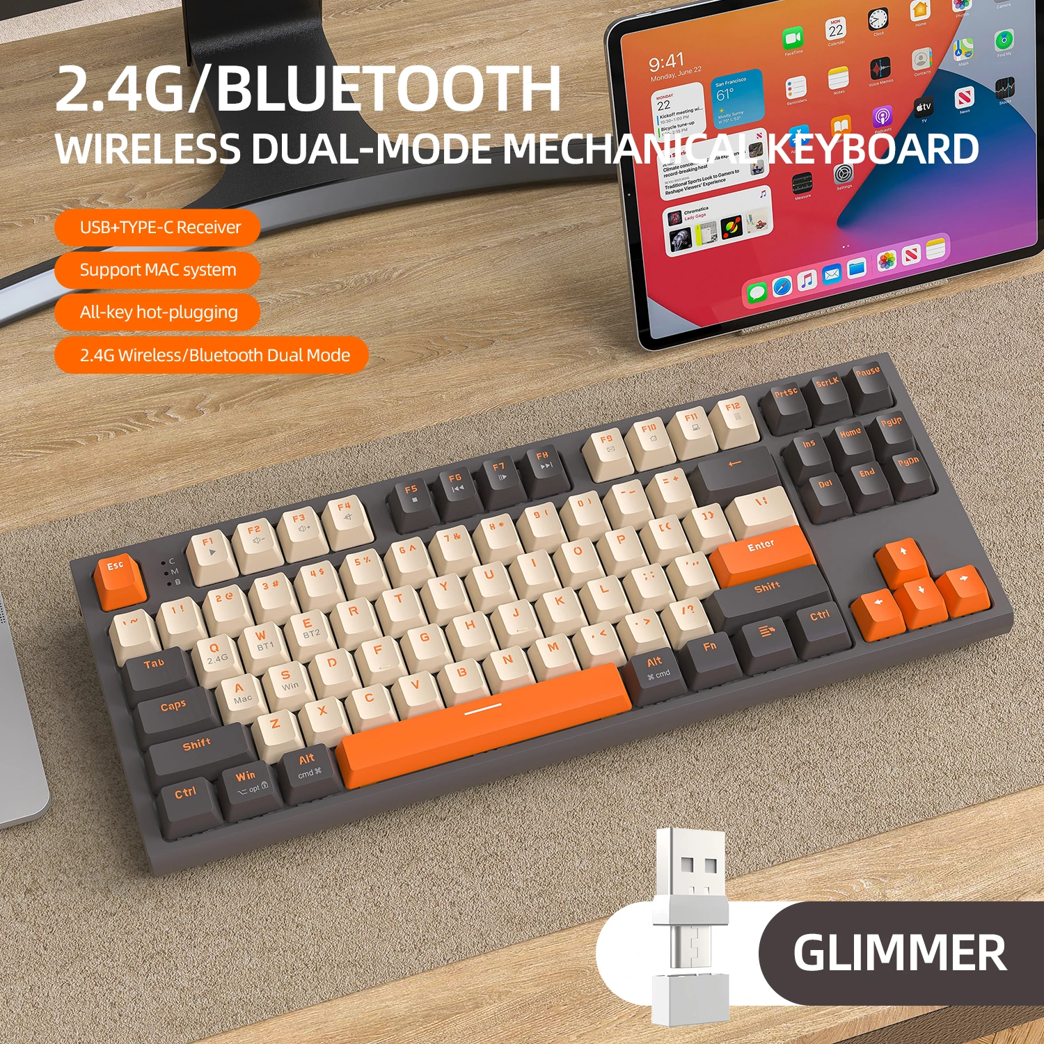 Teclado mecánico inalámbrico 2,4G BT5.0, teclas PBT para juegos de e-sports, 2 modos, receptor de TYPE-C USB, estructura de junta intercambiable en: Marrón