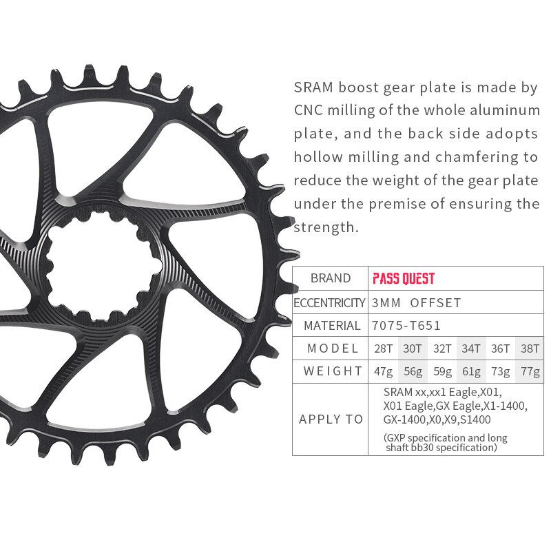 PASS QUEST 3mm Offset Crankset SRAM Gx xx1 Eagle GXP Round MTB Narrow Wide Chainring 32T-38T Bike Bicycle Chainwheel/Chain Wheel