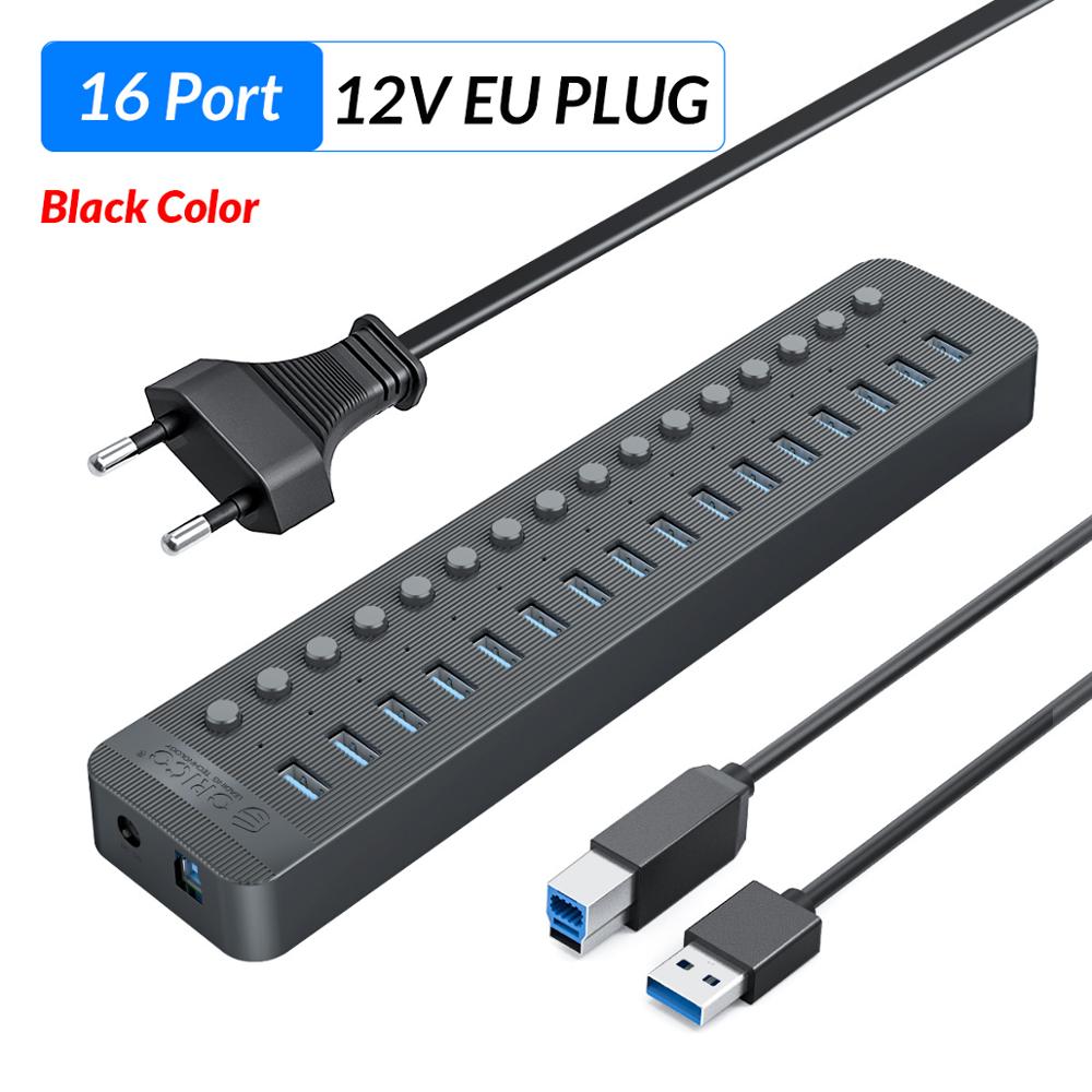 ORICO Industrial USB 3.0 HUB 7/10/13/16 ABS USB OTG Splitter On/Off Switch With 12V Power Adapter Support Charger For Computer: Black 16 Port EU