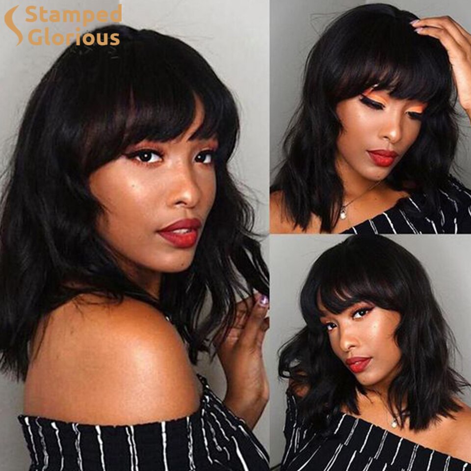 Stamped Glorious Bob Wig Black Synthetic Short Wavy Wig with Bangs Heat Resistant Fiber African American wigs for Women