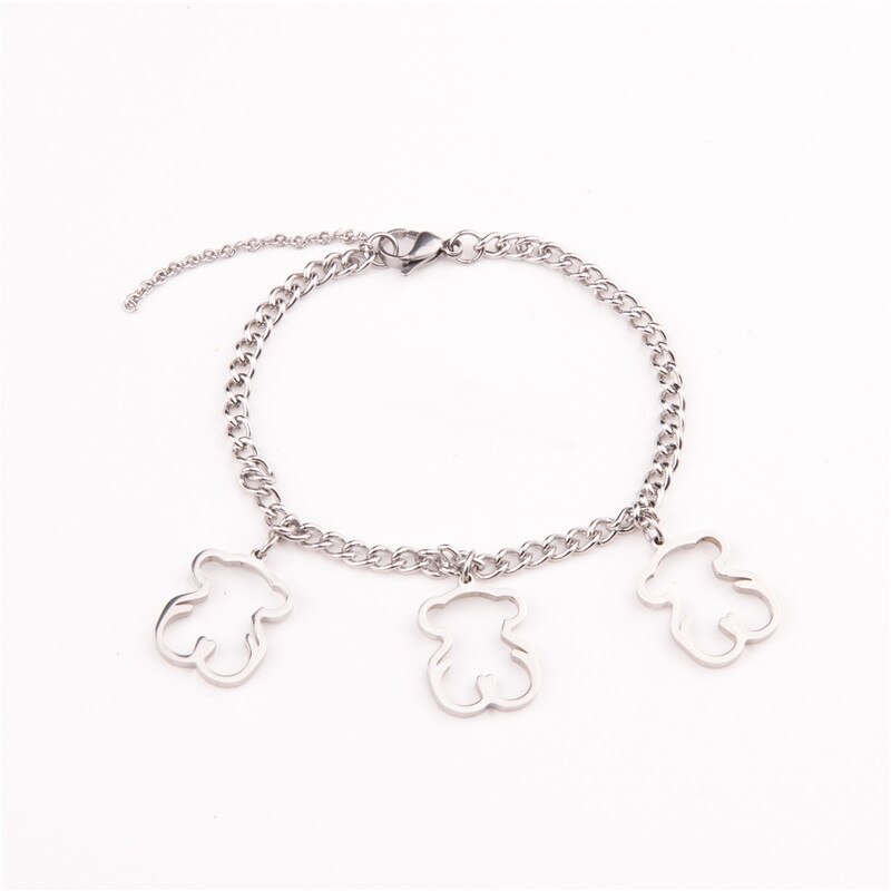 Novo urso oco pulseira de aço inoxidável urso oco pendente ouro sliver coloer pulseira presente jóias: 3