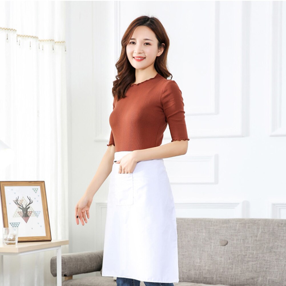Cotton Aprons Household Kitchen Sleeveless Half Aprons Pocket Cooking Baking Apron (White)