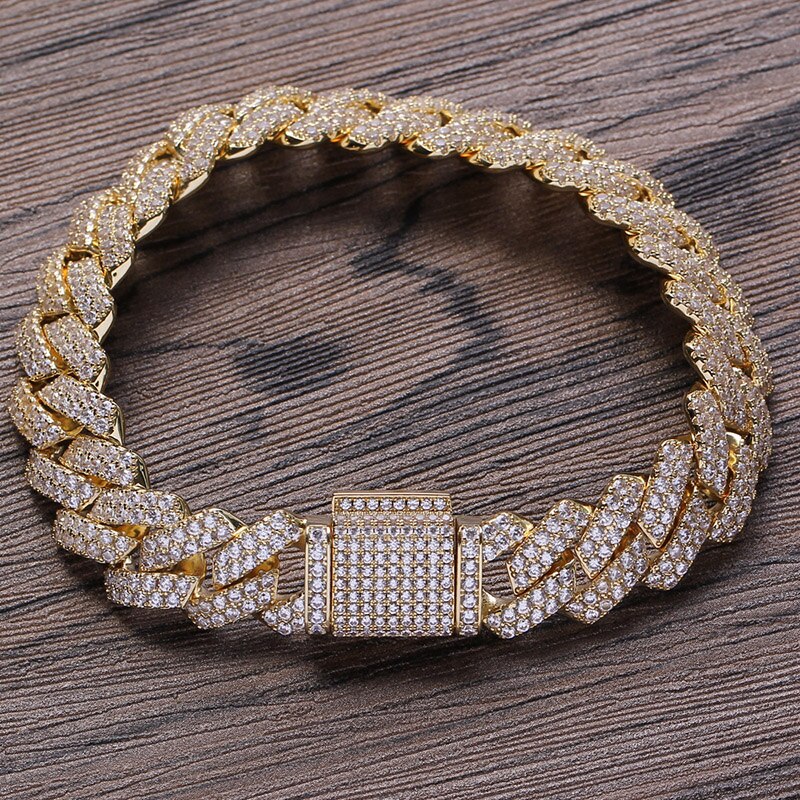13Mm Wide Hip Hop Aaa Cz Steen Verharde Bling Iced Out Vierkante Cubaanse Miami Link Chain Armbanden Bangles Voor mannen Rapper Sieraden Goud