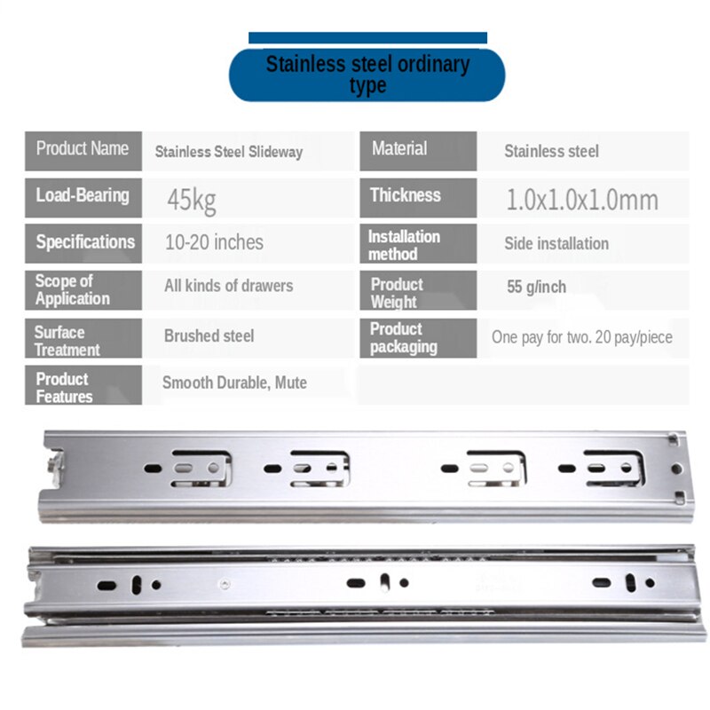 Stainless Steel Drawer Slide Soft Close Drawer Slide 10-20 Inch Three Section Cabinet Slide Bearing Rail Furniture Hardware