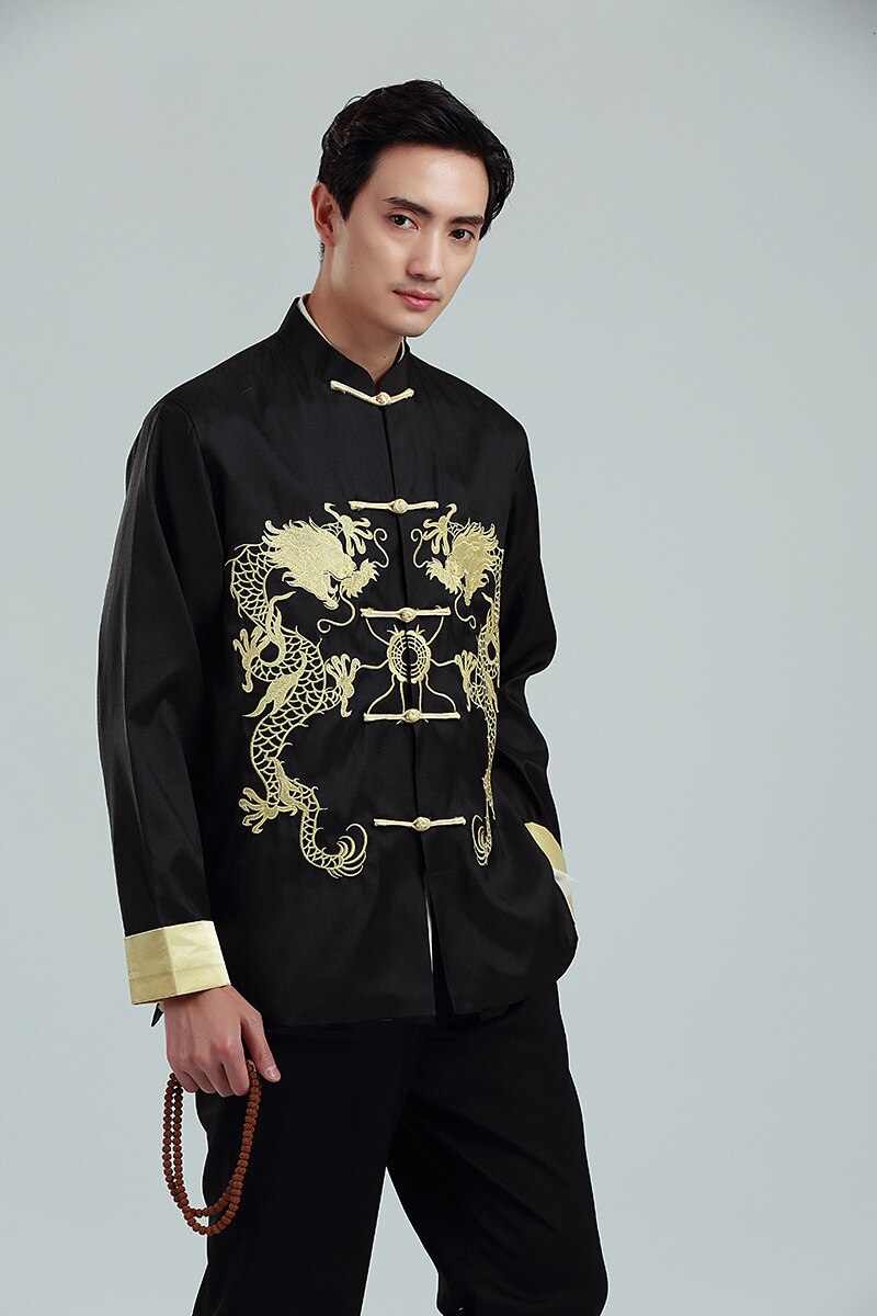 Traditionelle Chinesische Kleidung Für Herren Lange Hülse Seetang-anzug Stickerei Drachen Jacke Spitzen Neue Jahr Shirt oben Kung Fu Kleidung