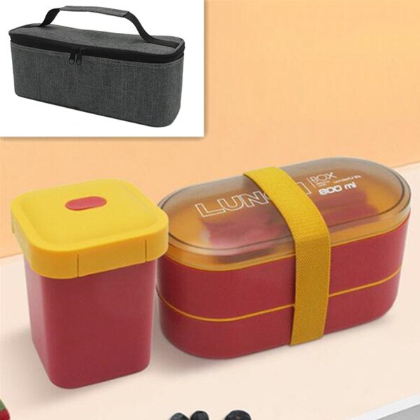 800ml Double Layer Lunch Box With Soup Cup Healthy Material Bento Boxes Microwave Food Storage Container Lunchbox: Red Set