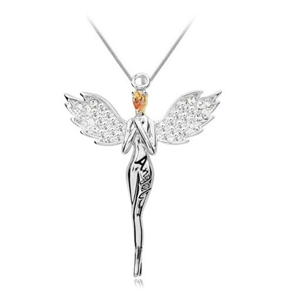 1pc Gold Sliver Crystal Zircon Rhinestone Angel Wings Sweater Chain Pendants Necklaces For Women Angle Girl: sliver