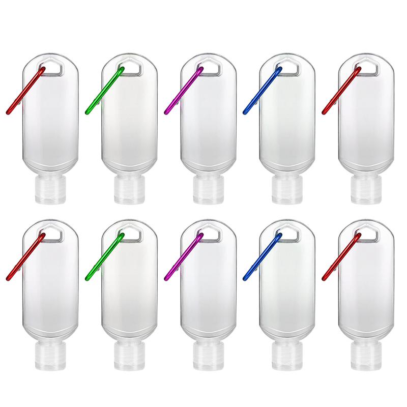 Botellas de Gel desinfectante de manos, Mini botellas recargables de viaje, contenedor de Alcohol con gancho aleatorio, 50ml, 10 Uds.