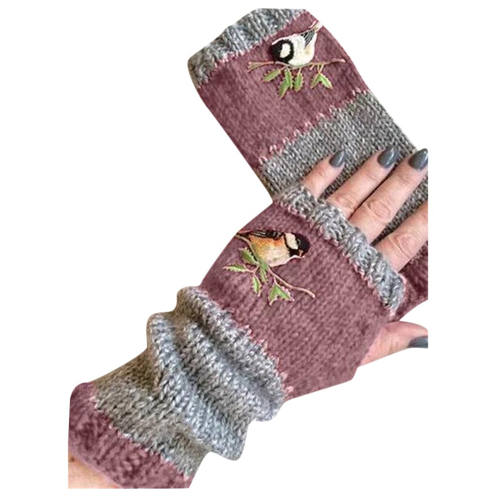 Women's Embroidered Fingerless Gloves Knitting Gloves Opera Little Bird Warm Glove Multicolor Winter Mittens for lady рукавиці: Pink