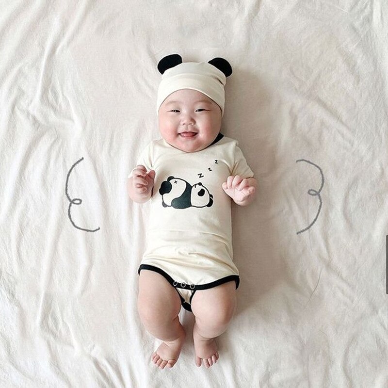 Zomer Baby Boy Kleding 2 Stuks Sets Katoenen Soft Mooie Cartoon Dier Panda Korte Mouw Baby Romper + Hoed Baby kleding Meisje 0-18M