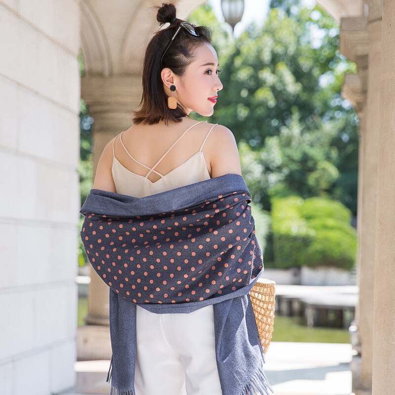 Høst vinter skjerf kvinner sjal dobbeltsidig skjerf faux kasjmir polka punktum lange dusker vinter fast skjerf 70 x 205cm: Marineblå