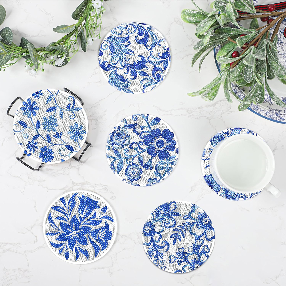 8 stk. blå blomster diamantmaling-brikker med holder 5d gjør-det-selv akryl diamantbrikker dekorative brikker til voksne gjør-det-selv håndverk