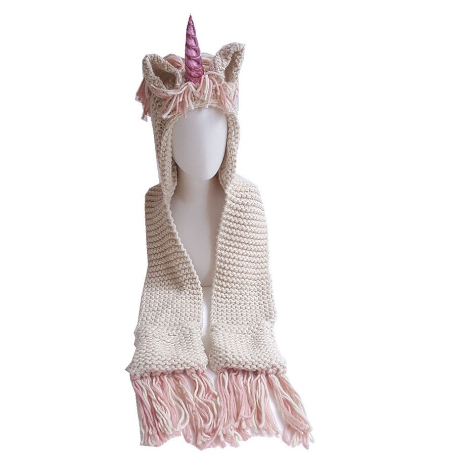 Kids Girls Rainbow Unicorn Soft Skullies Beanies Hats Shawl Scarf Set With Two Pockets Warm Knitted Bonnet Cap Christmas: gold pink / M