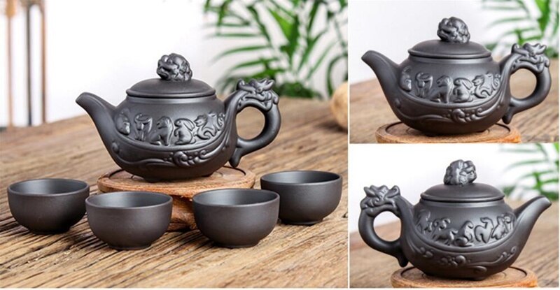 Handgemaakte Zodiac Zisha Theepot Yixing Thee Pot 150Ml Chinese Kung Fu Set Keramische Theepotten Met 4 Thee Cup Sets