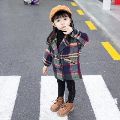 Meisjes wollen overjas herfstoutfit meisjes 1-5 jaar koreaanse versie katoenen sandwich lange warme geruite wollen jas: Groente / 5t