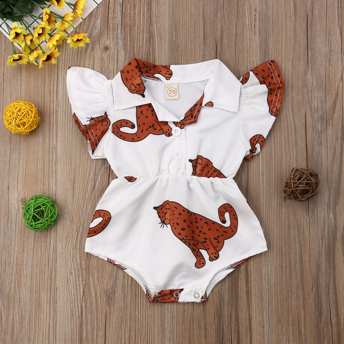 Gloednieuwe Peuter Kids Baby Meisjes Jongens Shirt Romper Korte Mouw Turn Down Kraag Jumpsuits Zomer Kleding Luipaard Harten