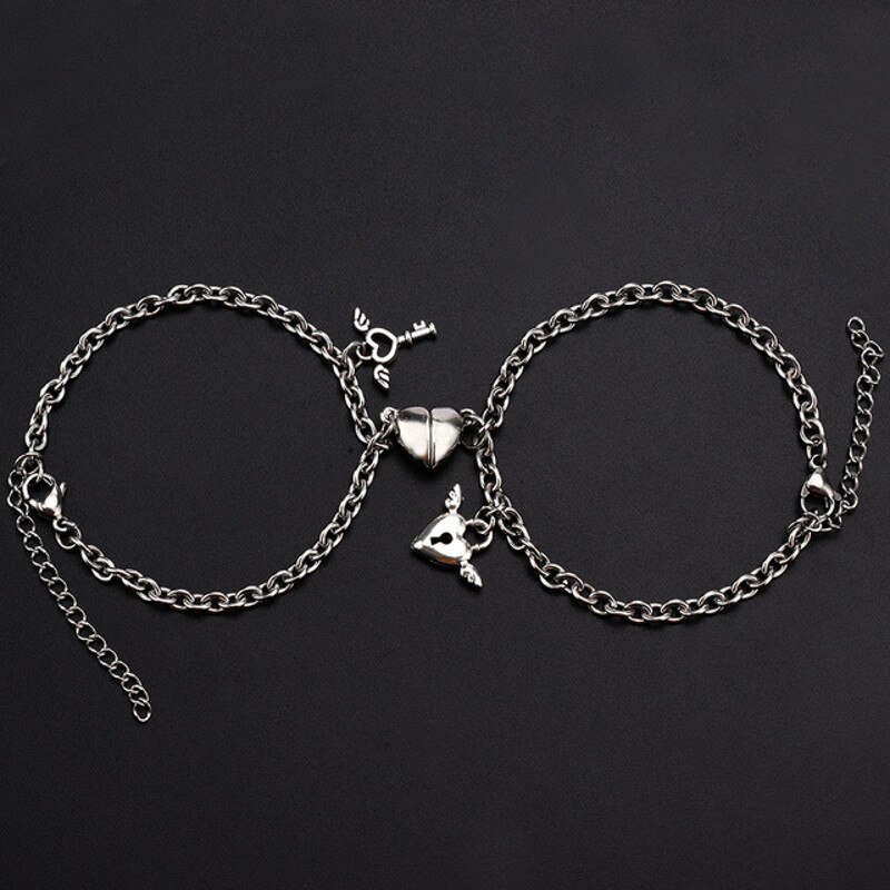 2Pcs Heart Magnet Bracelet for Lovers Stainless Steel Angel Wing Lock Couple Bracelet Heart Charm Friendship Jewelry: A Couple Bracelet