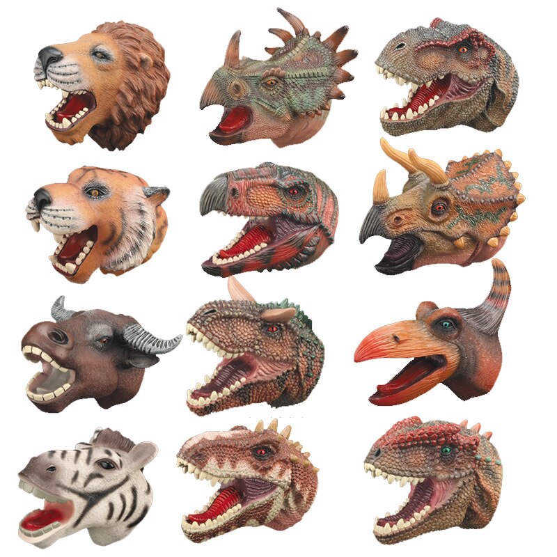 Grænseoverskridende simulerede dinosaurmodeller hånddukke interaktive dyrehandsker dinosaur legetøj rekvisitter t-rex tiger zebra