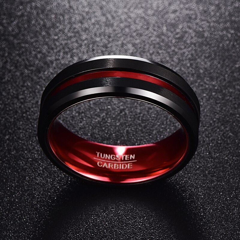Jqueen herre s 8mm sorte og røde wolframcarbid ring mat finish affasede kanter størrelse 7 to 16 aaa